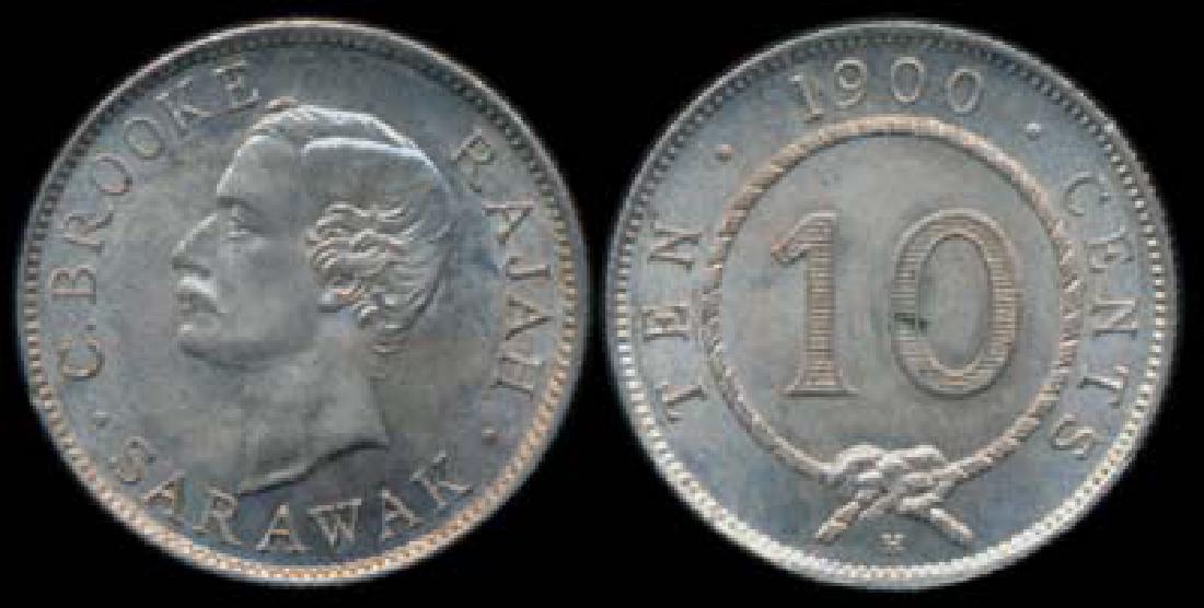 Sarawak C Brooke 10c 1900H AU-UNC: Sarawak C Brooke 10c 1900H AU-UNCSarawak C. Brooke, 10 Cents, (KM.9), 1900H, bagmarks, verdigris, AU-UNC. This Lot is subject to 7% Goods and Services Tax on both the Hammer