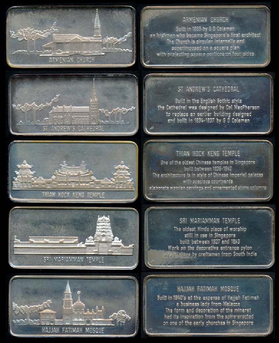 Singapore A collection of 5 silver ingots: Singapore A collection of 5 solid sterling silver ingots, featuring the Historical Monuments of Singapore namely St Andrew's Cathedral, Armenian Church, Thian Hock Seng Temple, Sri Mariamman Temple, H