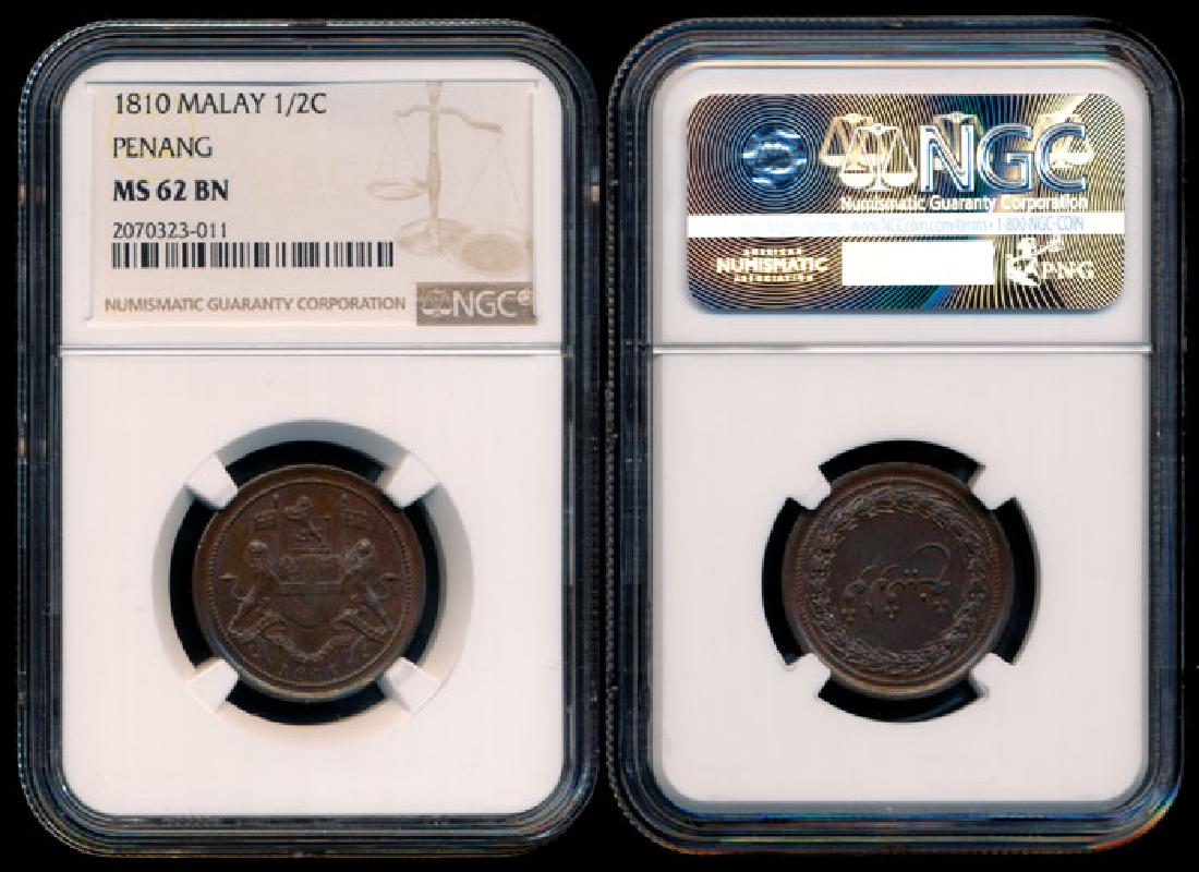 Malaysia Penang 1/2 Pice 1810 NGC MS62BN: Malaysia Penang, 1/2 Pice, (KM.12), 1810, NGC MS62BN.