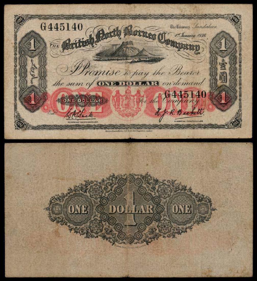 British North Borneo $1 1936 fine to AVF: British North Borneo $1, 1 January 1936, (P.28), serial no. G 445140, ageing, fine to AVF.