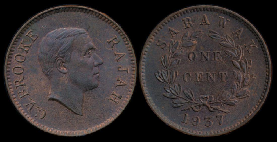 Sarawak CV Brooke 1c 1937 AU-UNC: Sarawak CV Brooke 1c 1937 AU-UNCSarawak C.V. Brooke, Cent, (KM.18), 1937, bagmarks, toned, AU-UNC. This Lot is subject to 7% Goods and Services Tax on both the Hammer Price