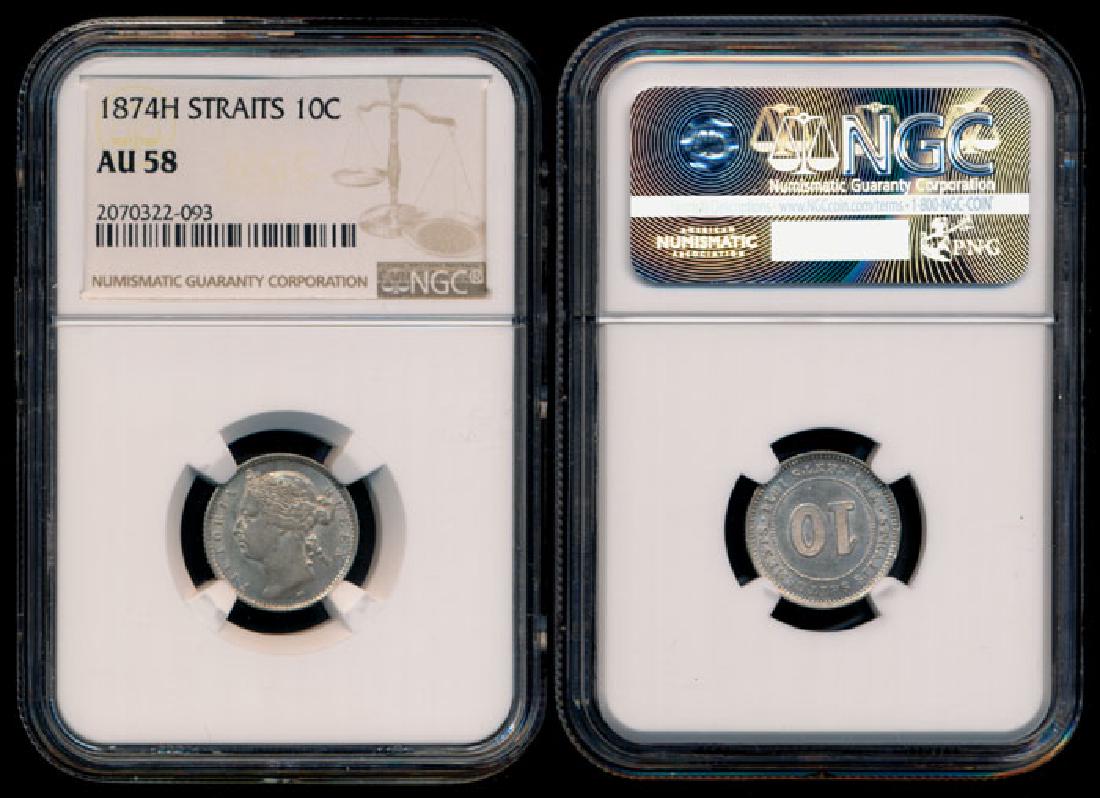 Straits Settlements QV 10c 1874H NGC AU58 (1 of 1)