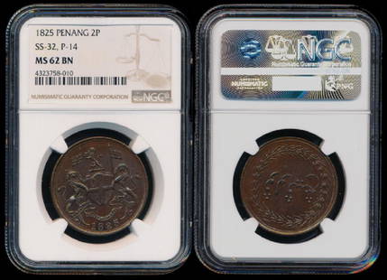 Malaysia Penang 2 Pice 1825 NGC MS62BN: Malaysia Penang, 2 Cents (2 Pice), (KM.16; SS-32; P-14), 1825, NGC MS62BN. Very rare in this grade. From the Peninsula Collection.