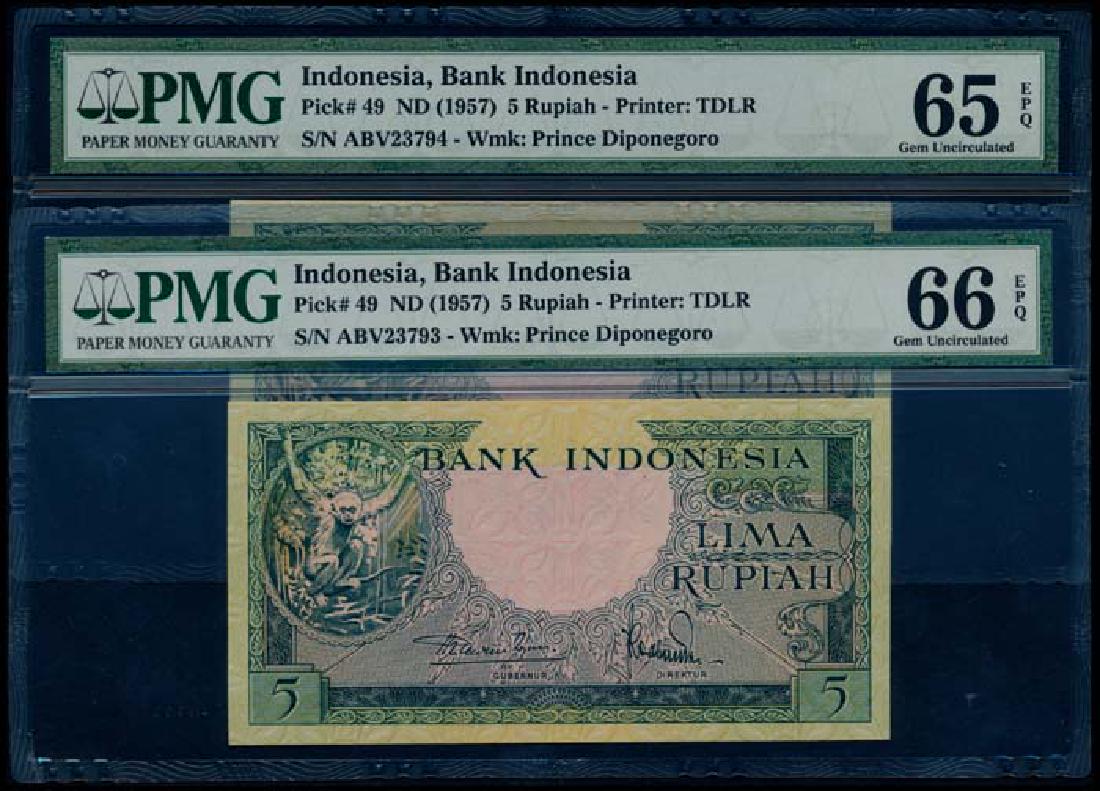 Indonesia 2x5 Rupiah 1957 PMG: Indonesia Bank Indonesia, 5 Rupiah, ND (1957), (P.49), serial nos. ABV 23793 to 794, consecutive pair, graded PMG Gem UNC66EPQ and Gem UNC65EPQ respectively. (2)