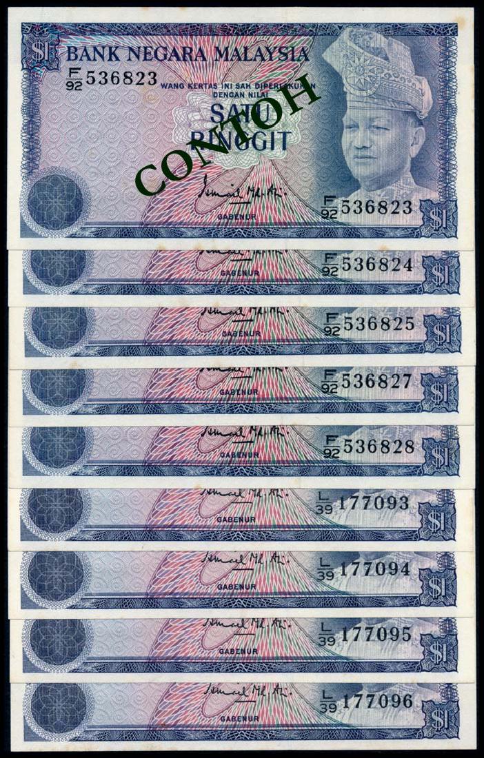 Malaysia 9x$1 1976-81: Malaysia $1, (1976-81), 3rd series, sign. Ismail Md. Ali, (KNB.13b (old no. KNB.13a)), serial nos. F/92 536823 to 825 (3 consecutive notes), F/92 536827 to 828 (consecutive pair), L/39 177093 to 096 (
