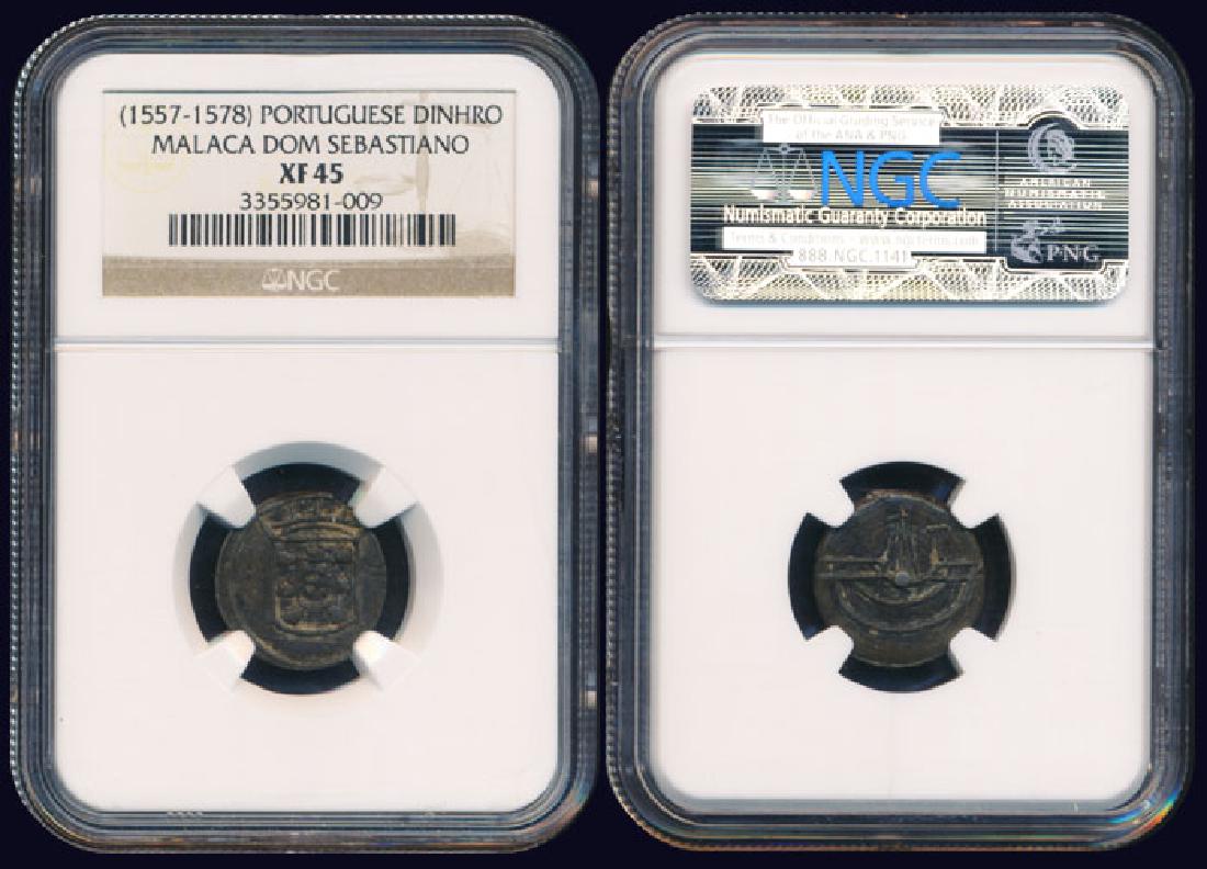 Malaysia Portuguese Malacca Dinheiro 1557-78: Malaysia Portuguese Malacca, Dom Sebastiao, Dinheiro, (1557-1578), NGC XF45. From the Peninsula Collection.
