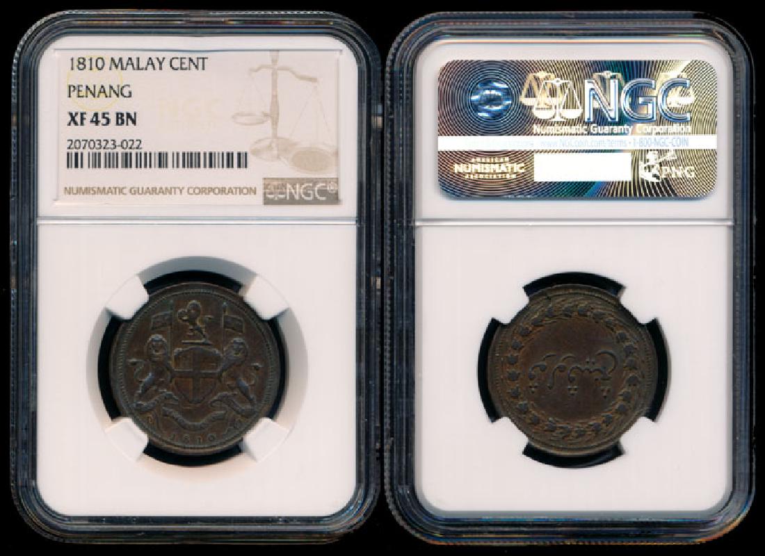 Malaysia Pulu Penang 1c 1810 NGC XF45BN: Malaysia Pulu Penang, Cent (Pice), (KM.14), 1810, NGC XF45BN.