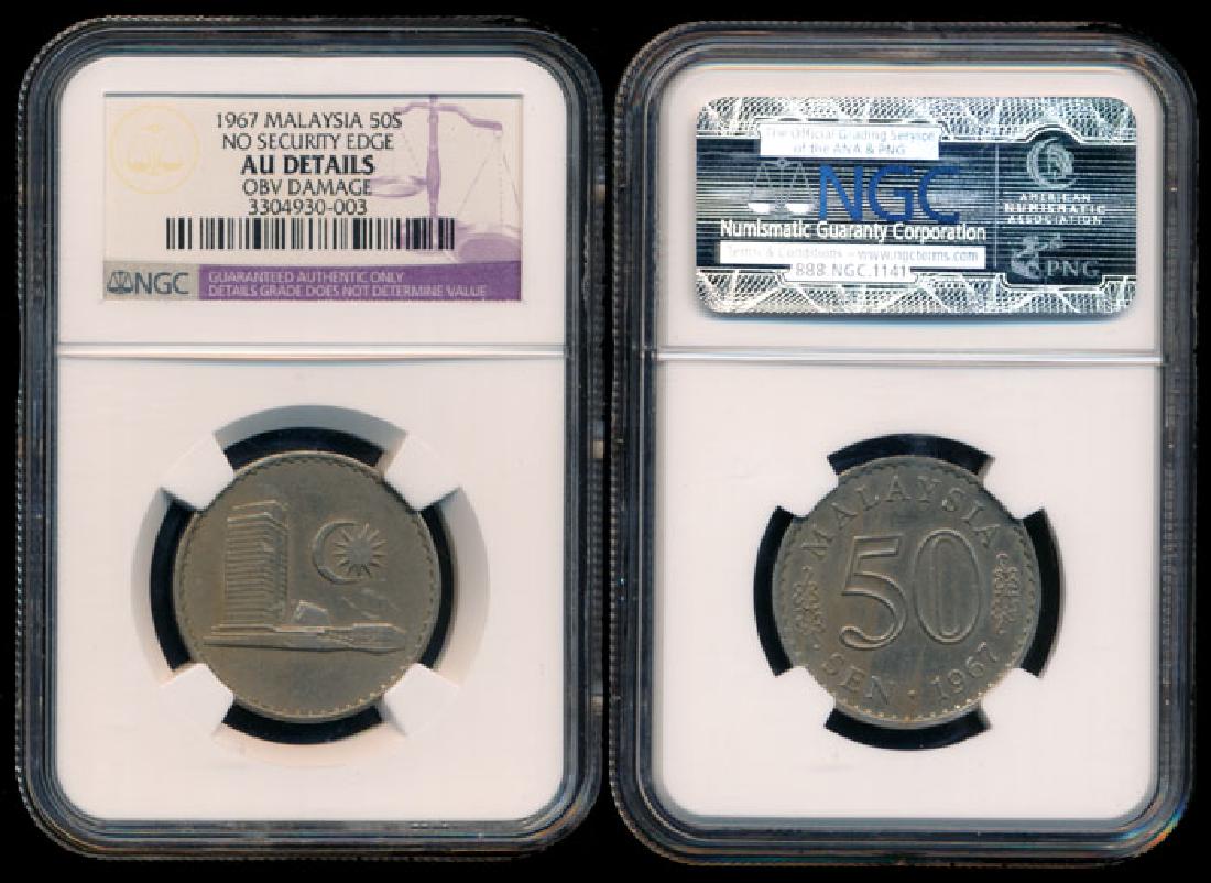 Malaysia 50 Sen 1967 no security edge NGC: Malaysia 50 Sen, (KM.5.2), 1967, no security edge, NGC AU Details - obv damage.