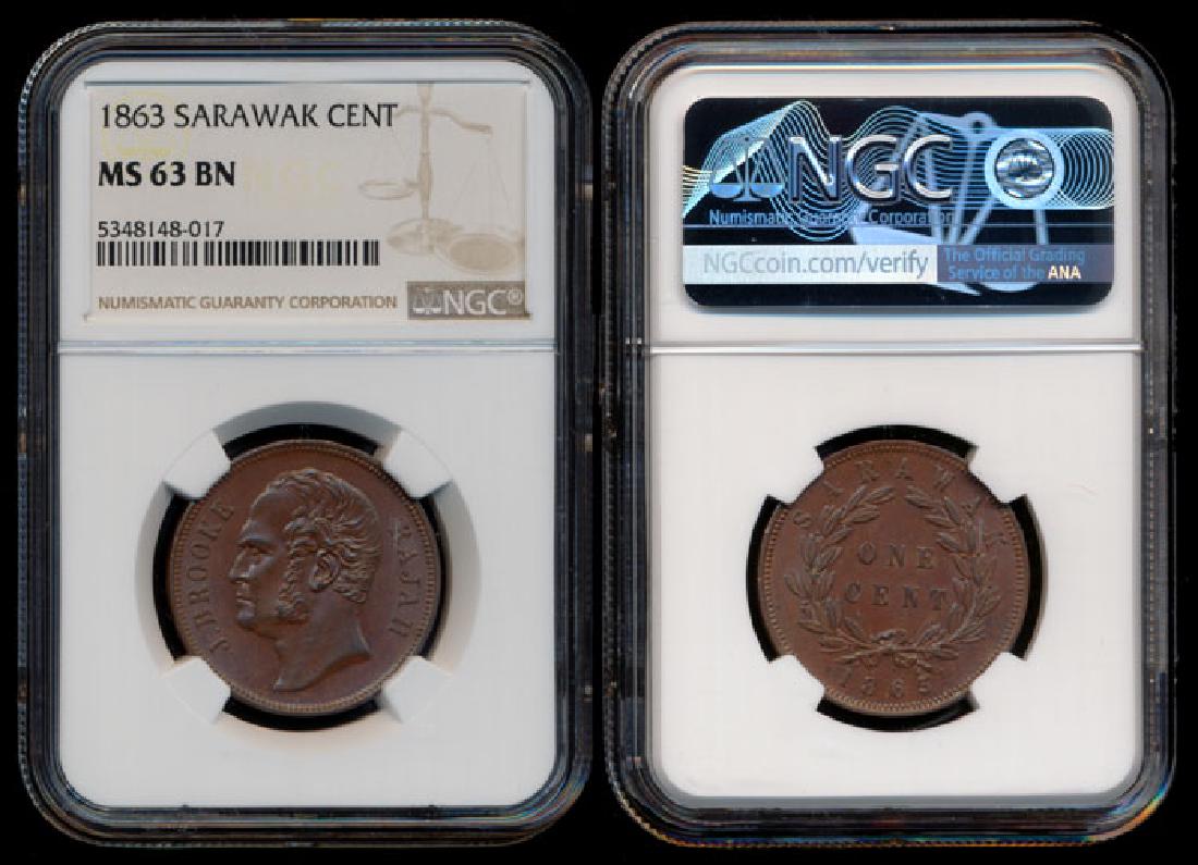 Sarawak J Brooke 1c 1863 NGC MS63BN: Sarawak J Brooke 1c 1863 NGC MS63BNSarawak J. Brooke, Cent, (KM.3), 1863, NGC MS63BN. This Lot is subject to 7% Goods and Services Tax on both the Hammer Price and the Buye