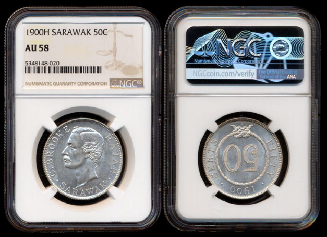 Sarawak C Brooke 50c 1900H NGC AU58: Sarawak C Brooke 50c 1900H NGC AU58Sarawak C. Brooke, 50 Cents, (KM.11), 1900H, NGC AU58. This Lot is subject to 7% Goods and Services Tax on both the Hammer Price and the
