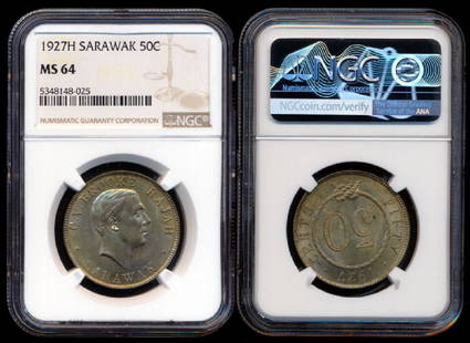 Sarawak CV Brooke 50c 1927H NGC MS64: Sarawak CV Brooke 50c 1927H NGC MS64Sarawak C.V. Brooke, 50 Cents, (KM.19), 1927H, NGC MS64. This Lot is subject to 7% Goods and Services Tax on both the Hammer Price and t