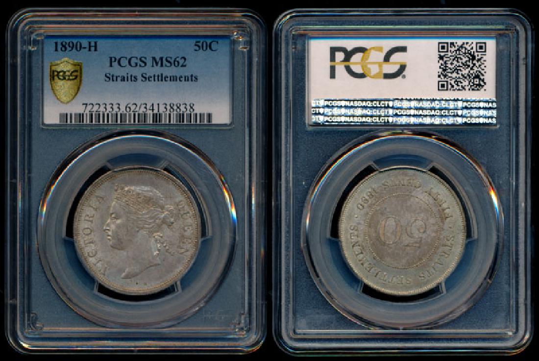 Straits Settlements QV 50c 1890H PCGS MS62: Straits Settlements Victoria, 50 Cents, (KM.13), 1890H, PCGS MS62. The only piece graded MS62 by PCGS at the moment.