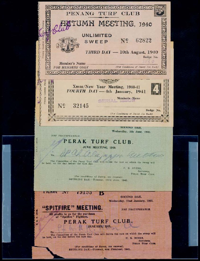 5 Malaysia Turf Club tickets 1940-41: Malaysia 3 Perak Turf Club and 2 Penang Turf Club tickets, 1940-41, ageing, generally poor to VF. (5)