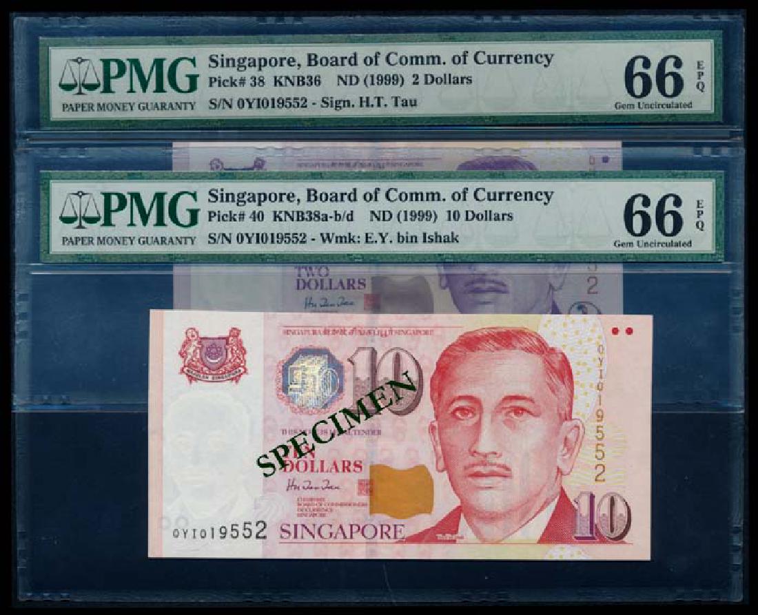 Singapore $2 $10 1999 HTT 0YI 019552 PMG: Singapore $2, $10, (1999), President Ishak, BCCS, sign. Hu Tsu Tau, both with special prefix '0YI', and identical serial nos. 019552, both graded PMG Gem UNC66EPQ. (2)