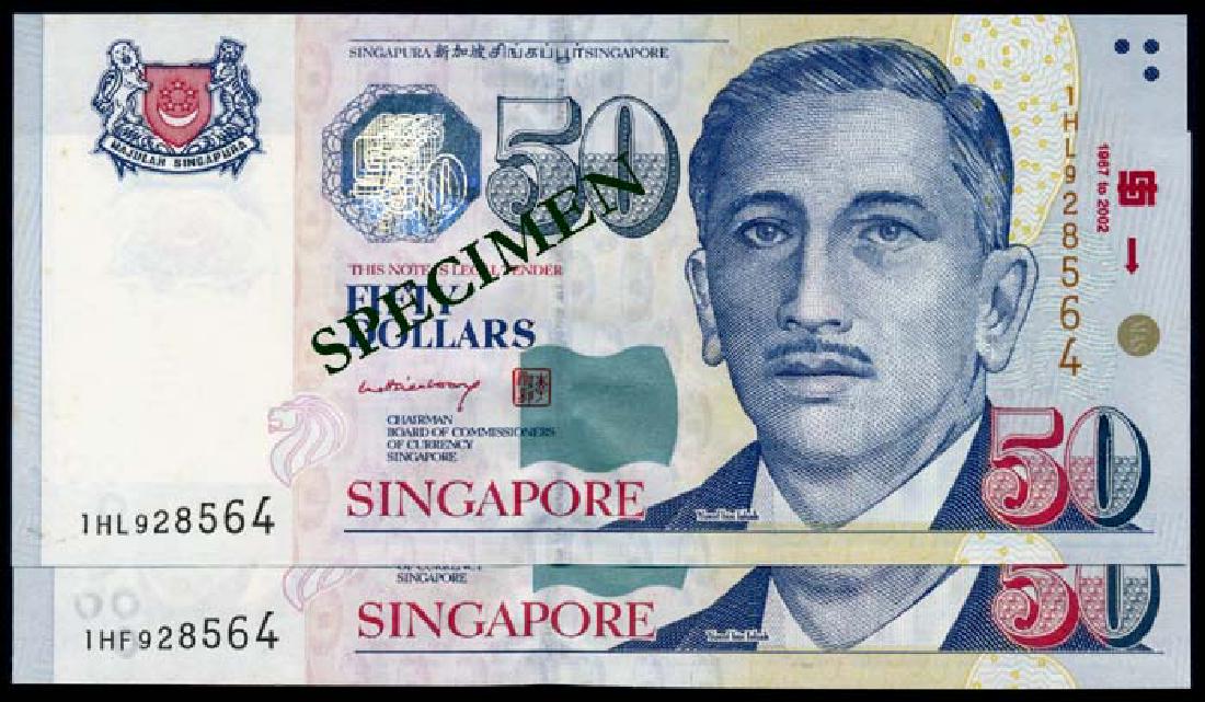 Singapore 2x$50 1999-2002 HTT LHL: Singapore $50, (1999, 2002), President Ishak, BCCS, signs. Hu Tsu Tau, Lee Hsien Loong, prefixes 1HF and 1HL respectively, latter with commemorative ovpt., both with identical serial no. 928564, minor