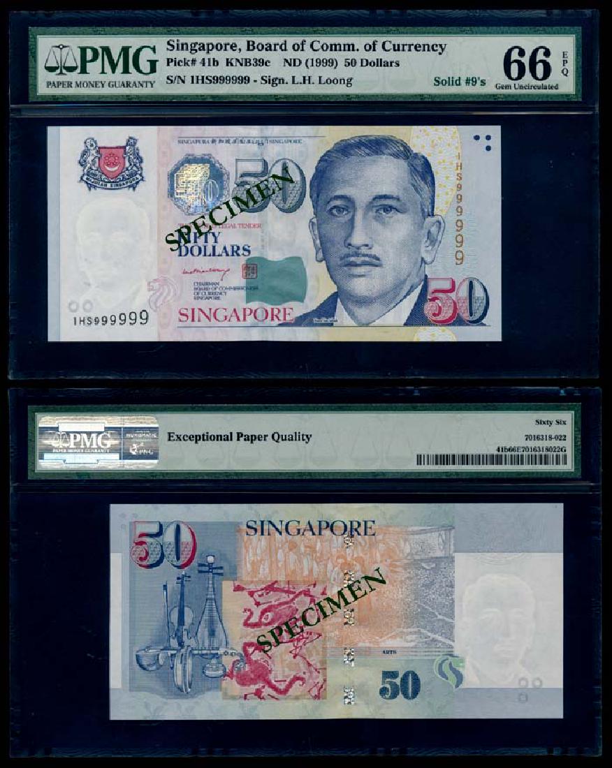 Singapore $50 1999 LHL 1HS 999999 PMG: Singapore $50, (1999), President Ishak, BCCS, sign. Lee Hsien Loong, serial no. 1HS 999999, solid 9s, PMG Gem UNC66EPQ.