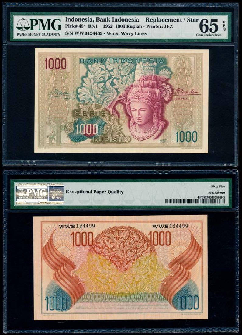 Indonesia 1000 Rupiah 1952 replacement PMG: Indonesia Bank Indonesia, 1000 Rupiah, 1952, (P.48), serial no. WWB 124439, replacement note, PMG Gem UNC65EPQ.