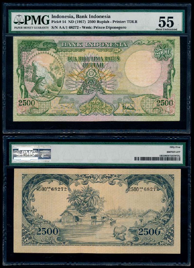 Indonesia 2500 Rupiah 1957 PMG AU55: Indonesia Bank Indonesia, 2500 Rupiah, ND (1957), (P.54), serial no. AA/1 68272, PMG AU55.