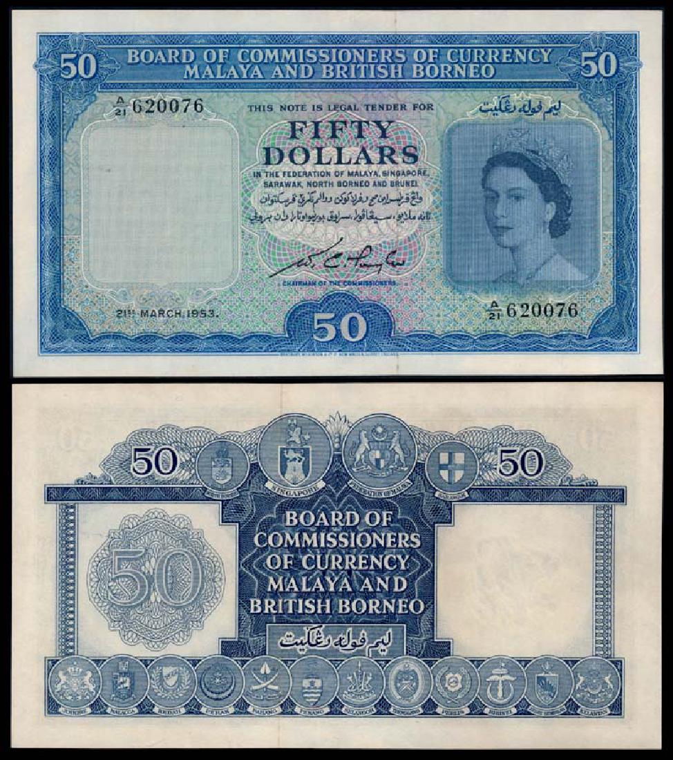 Malaya Br Borneo $50 1953 QEII AU-UNC: Malaya & British Borneo $50, 21 March 1953, Queen Elizabeth II, (P.4b; Tan M21), serial no. A/21 620076, ageing, AU-UNC.