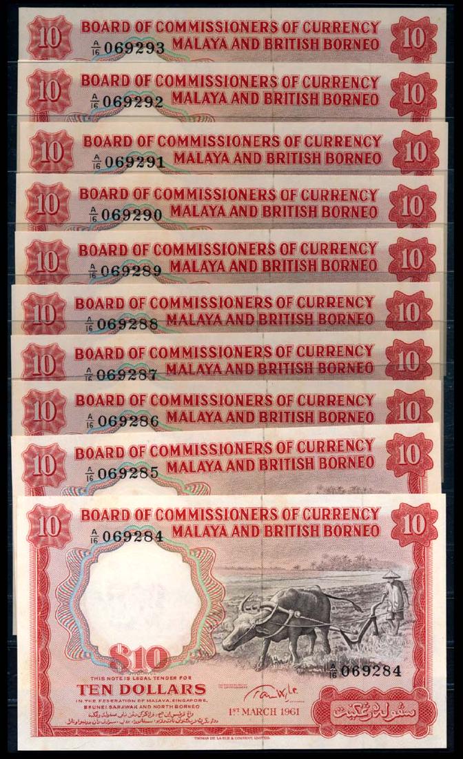 Malaya Br Borneo 10x$10 1961 buffalo small A: Malaya & British Borneo $10, 1 March 1961, buffalo, small prefix A, (P.9a; Tan M26), serial nos. A/16 069284 to 293, 10 consecutive notes, some with stains, ageing, generally AU-UNC. (10)