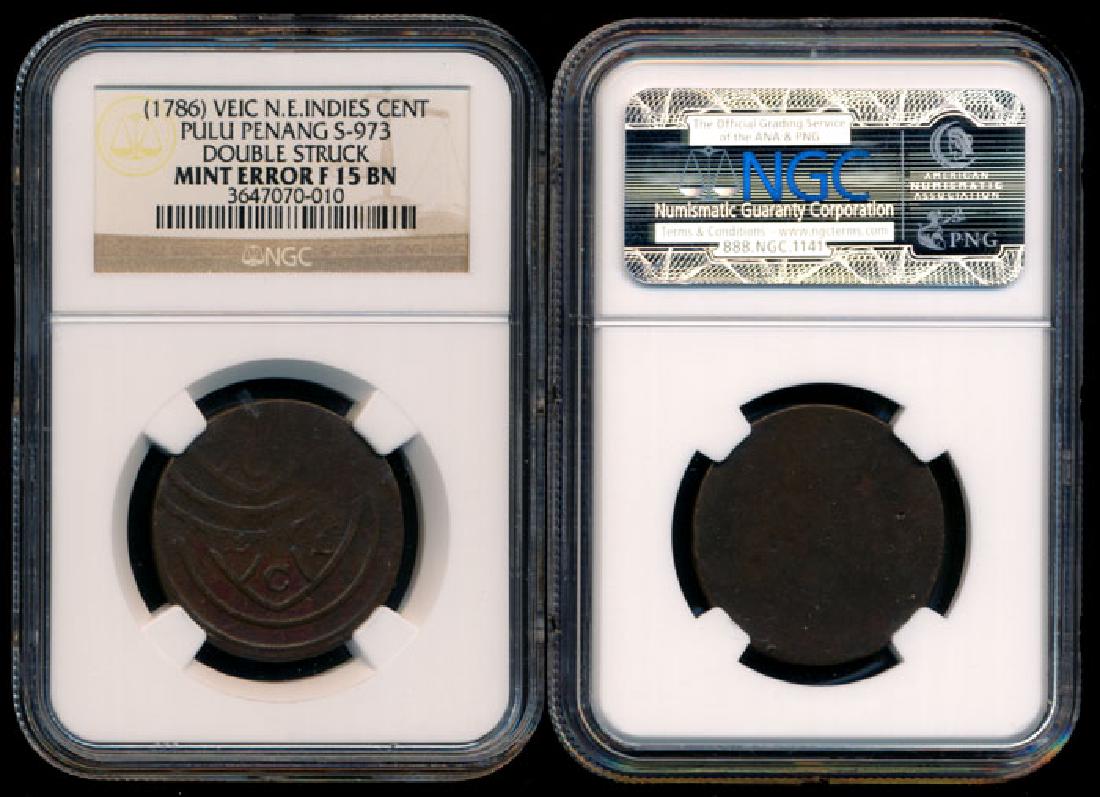 Malaysia 1c 1786 mint error NGC F15BN: Malaysia Pulu Penang, Cent, (KM.3; S-973), 1786, VEIC, mint error, double struck, NGC F15BN.