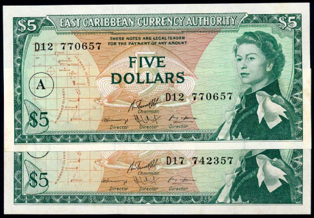 East Caribbean States 2x$5 1965 QEII: East Caribbean States East Caribbean Currency Authority, $5, ND (1965), Queen Elizabeth II, (P.14i, 14o), serial nos. D12 770657, D17 742357, some ageing, generally EF-AU. (2)