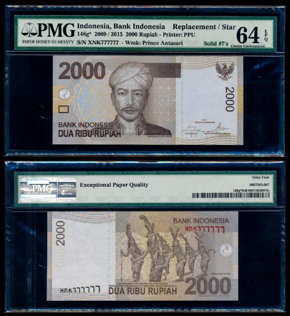 Indonesia 2000 Rupiah 2009/15 XNK 777777: Indonesia Bank Indonesia, 2000 Rupiah, 2009/2015, (P.148g), serial no. XNK 777777, solid 7s, replacement note, PMG Choice UNC64EPQ.