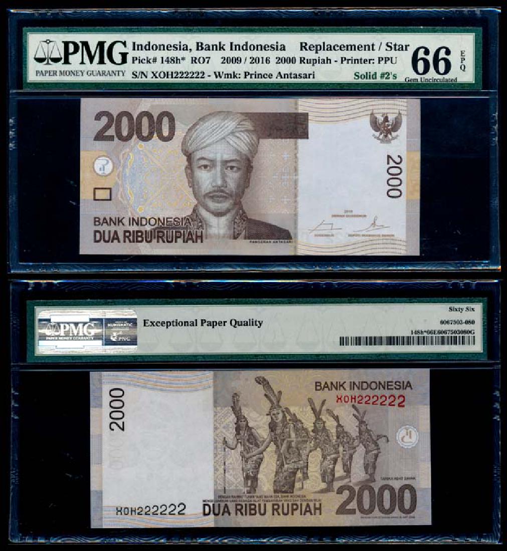 Indonesia 2000 Rupiah 2009/16 XOH 222222: Indonesia Bank Indonesia, 2000 Rupiah, 2009/2016, (P.148h), serial no. XOH 222222, solid 2s, replacement note, PMG Gem UNC66EPQ.