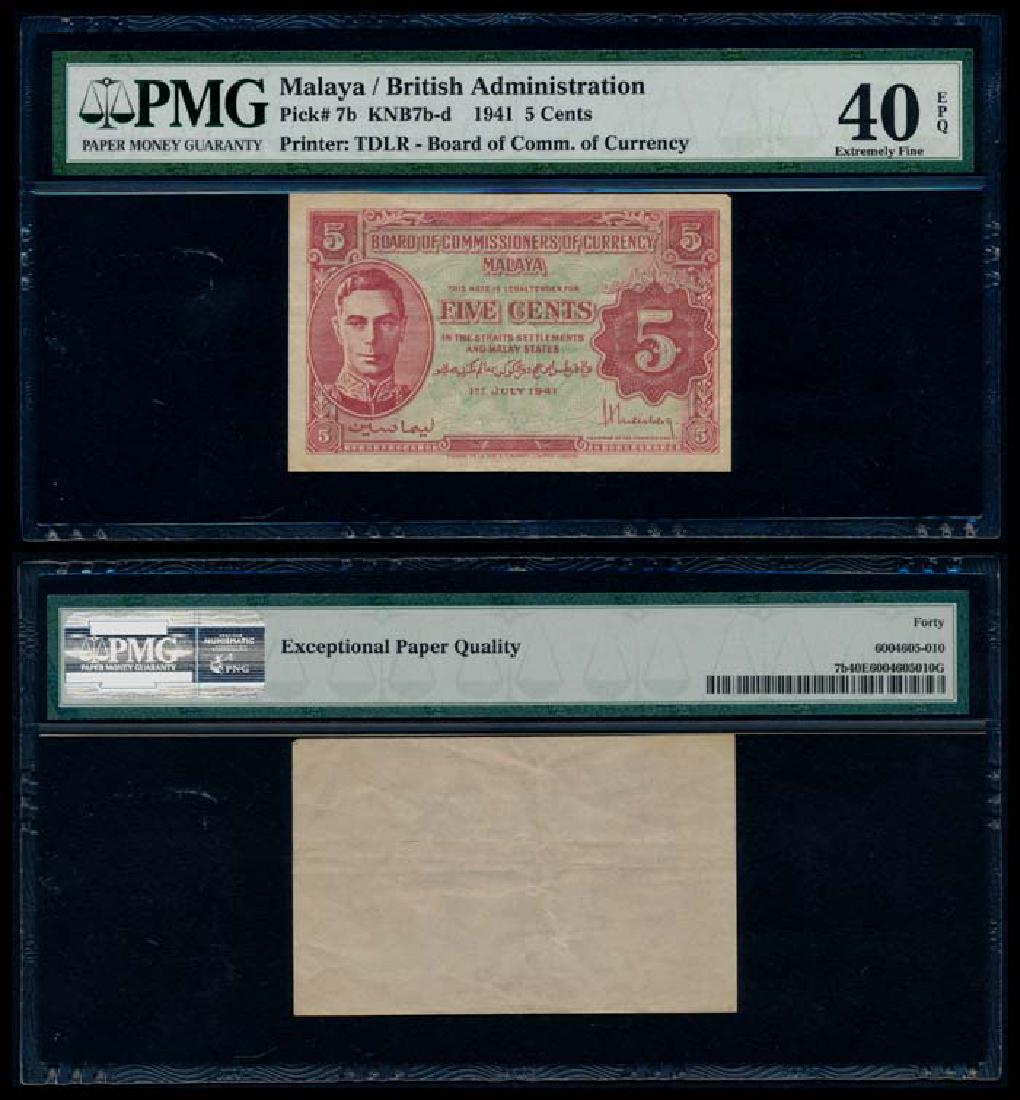 Malaya 5c 1941 KGVI PMG XF40EPQ: Malaya 5 Cents, 1 July 1941, King George VI, (P.7b; Tan M3), uniface, PMG XF40EPQ.
