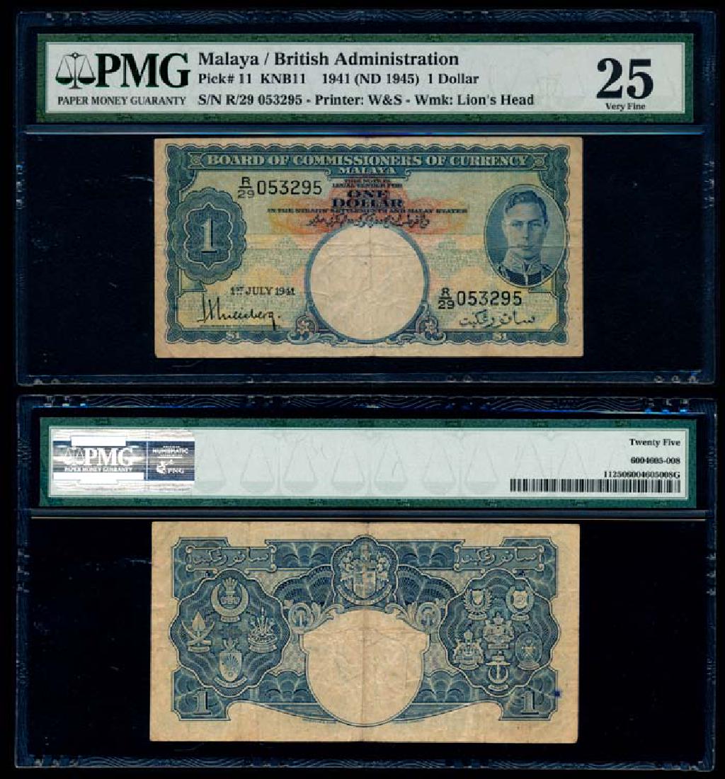 Malaya $1 1941 KGVI PMG VF25: Malaya $1, 1 July 1941, King George VI, (P.11; Tan M9), serial no. R/29 053295, PMG VF25.