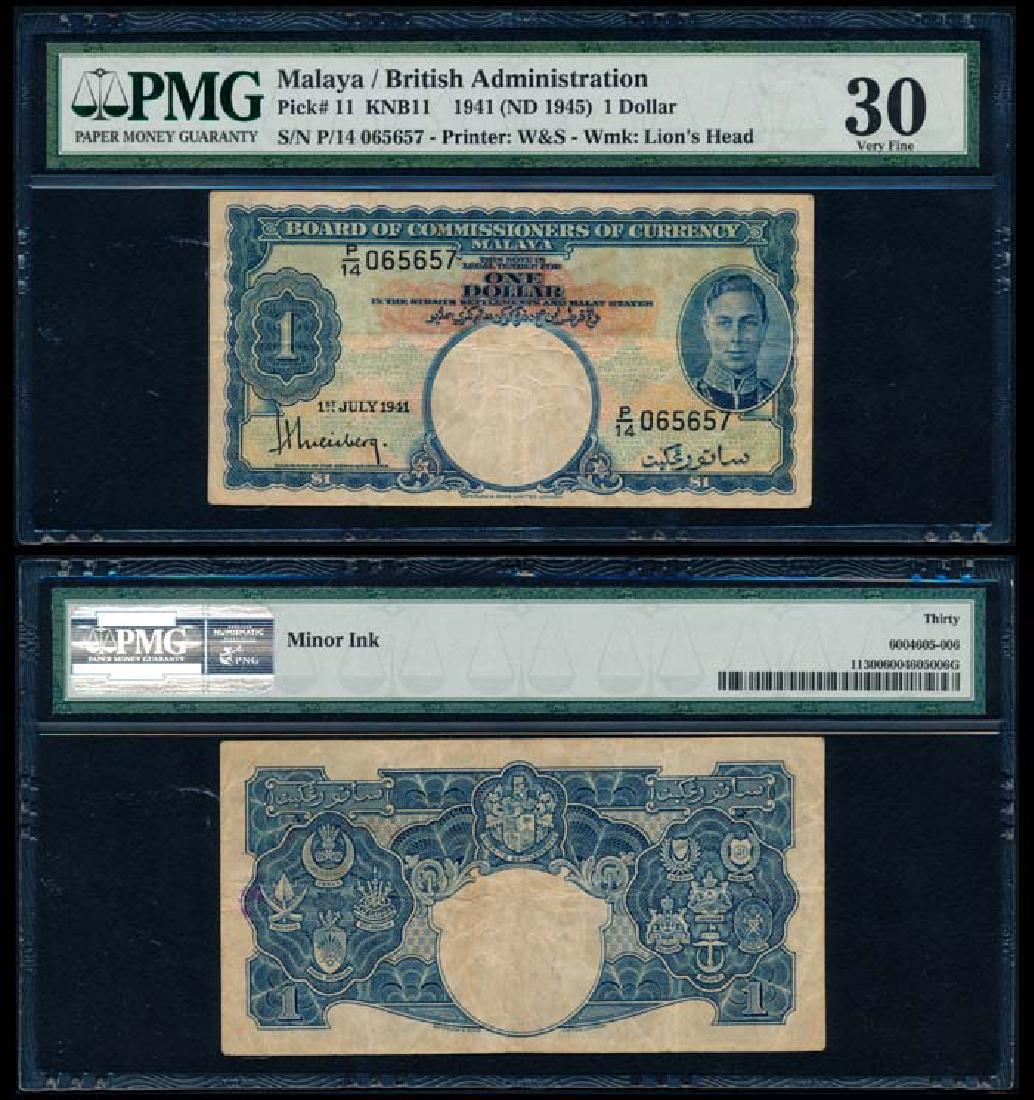 Malaya $1 1941 KGVI PMG VF30: Malaya $1, 1 July 1941, King George VI, (P.11; Tan M9), serial no. P/14 065657, minor ink, PMG VF30.