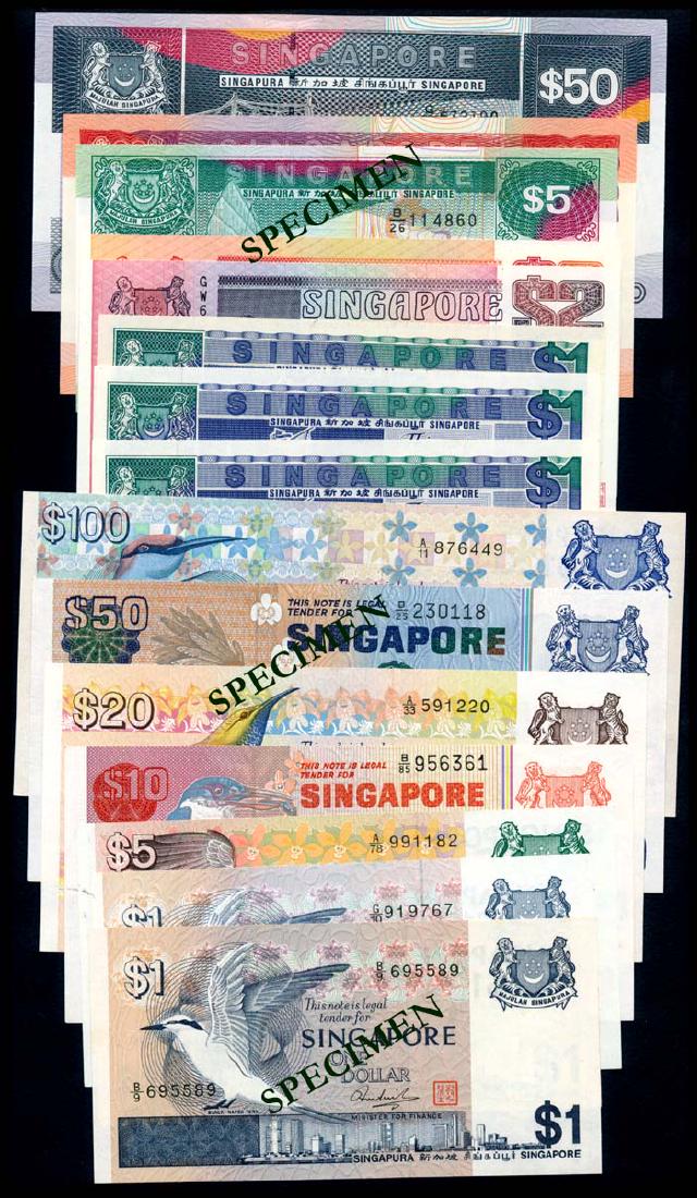 15 Singapore $1-$50 1976-1997: Singapore $1 (2), $5, $10 (segmented security thread), $50 (segmented security thread), (1976), bird; $20, (1979), bird; $100, (1977), bird; $1(3), (1987), ship, sign. Goh Keng Swee; $2, (1998), ship,