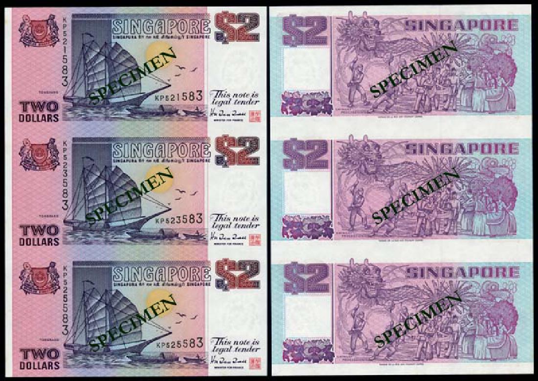 Singapore $2 1992 ship purple 3-in-1: Singapore $2, (1992), ship, purple, uncut sheet of 3, serial nos. KP 521583, 523583, 525583, ageing on uncut sheet and folder, AU-UNC, with BCCS folder and envelope. Viewing recommended, sold as is, n