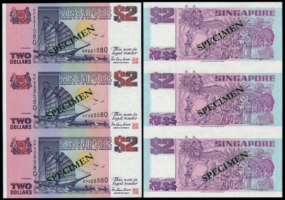 Singapore $2 1992 ship purple 3-in-1: Singapore $2, (1992), ship, purple, uncut sheet of 3, serial nos. KP 521580, 523580, 525580, ageing on uncut sheet and folder, AU-UNC, with BCCS folder and envelope. Viewing recommended, sold as is, n