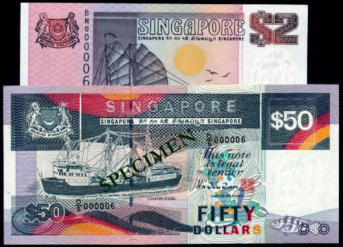 Singapore $2-$50 1997 ship BM & D/5 000006: Singapore $2, (1997), ship, purple, H&S, prefix BM; $50, (1997), ship, prefix D/5; both same serial no. 000006, some ageing, generally AU-UNC. (2)