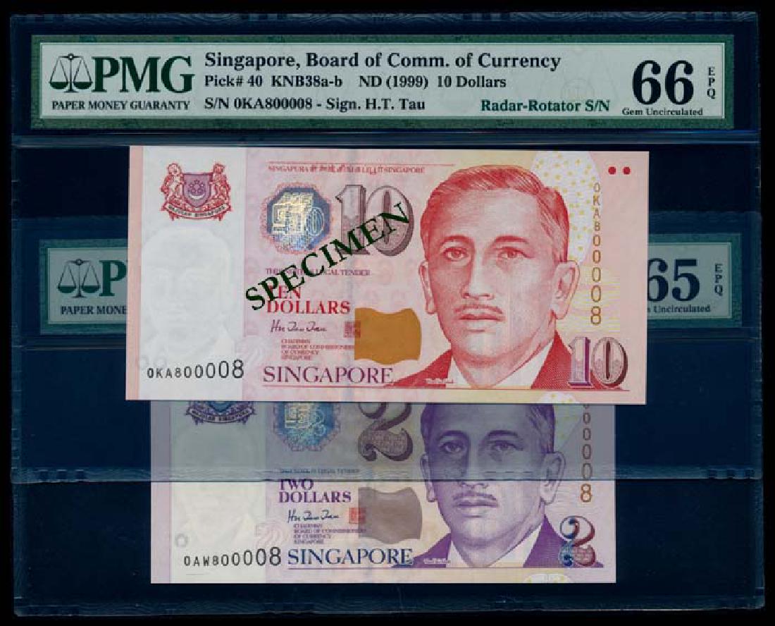 Singapore $2 $10 1999 HTT 0AW 0KA 800008: Singapore $2, $10, (1999), President Ishak, BCCS, sign. Hu Tsu Tau, prefixes 0AW and 0KA respectively, both same radar-rotator serial no. 800008, graded PMG Gem UNC65EPQ and PMG Gem UNC66EPQ respectiv