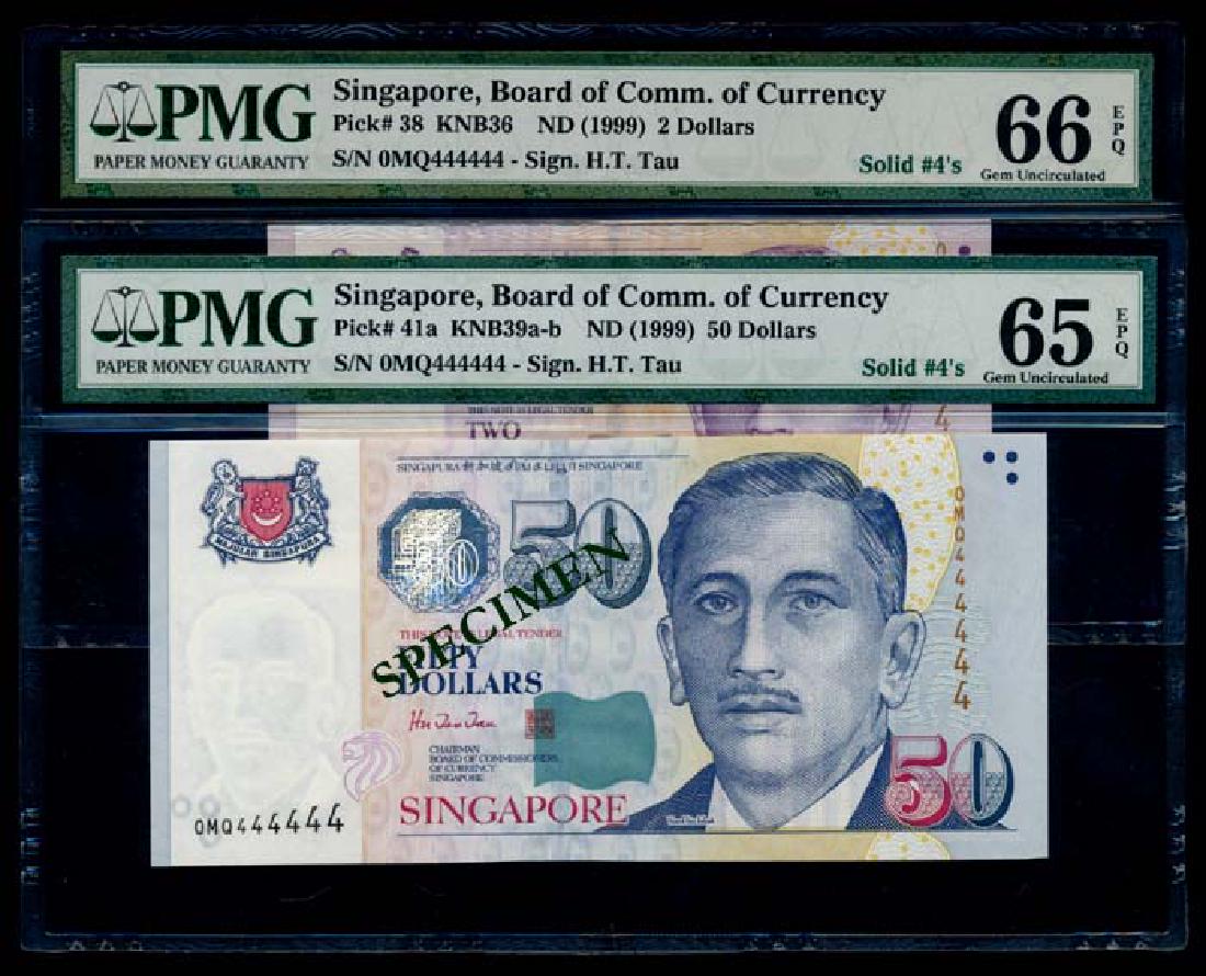 Singapore $2 $50 1999 HTT 0MQ 444444 PMG: Singapore $2, $50, (1999), President Ishak, BCCS, sign. Hu Tsu Tau, both same serial no. 0MQ 444444, solid 4s, graded PMG Gem UNC66EPQ and Gem UNC65EPQ respectively. (2)