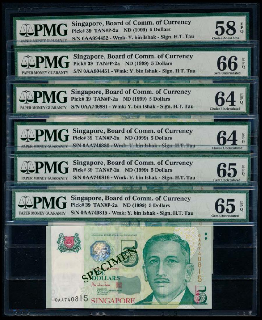 Singapore 6x$5 1999 HTT 1st prefix PMG: Singapore $5, (1999), President Ishak, BCCS, sign. Hu Tsu Tau, all 1st prefix notes, serial nos. 0AA 740815 to 816 (consecutive pair), both graded PMG Gem UNC65EPQ; serial nos. 0AA 746880 to 881 (cons
