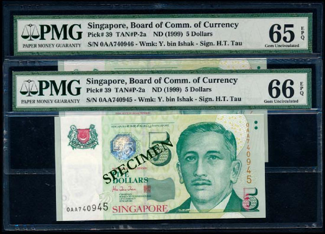 Singapore 2x$5 1999 HTT 1st prefix PMG: Singapore $5, (1999), President Ishak, BCCS, sign. Hu Tsu Tau, serial nos. 0AA 740945 to 946, consecutive pair of 1st prefix notes, graded PMG Gem UNC66EPQ and Gem UNC65EPQ respectively. (2)