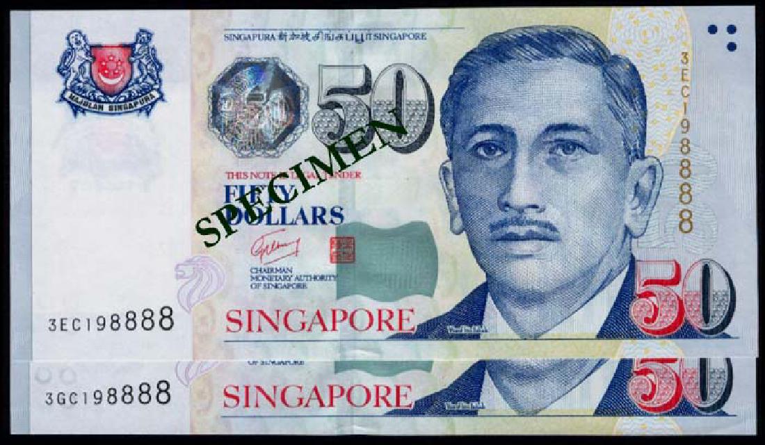 Singapore 2x$50 2010 GCT: Singapore $50, (2010), President Ishak, MAS, sign. Goh Chok Tong, prefixes 3EC, 3GC, both same serial no. 198888, generally AU-UNC. (2)