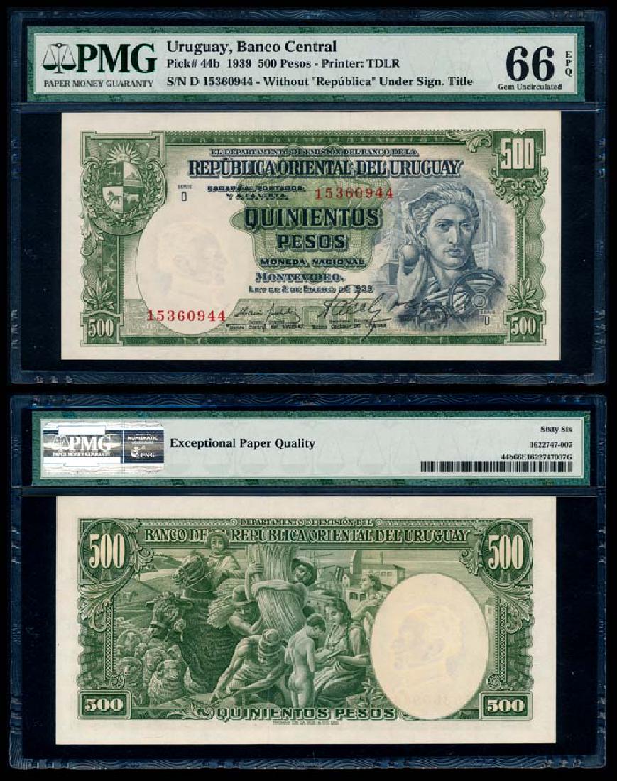 Uruguay 500 Pesos 1939 PMG Gem UNC66EPQ: Uruguay Banco Central, 500 Pesos, (P.44b), 1939, serial no. D 15360944, without "Republica" under sign. title, PMG Gem UNC66EPQ.