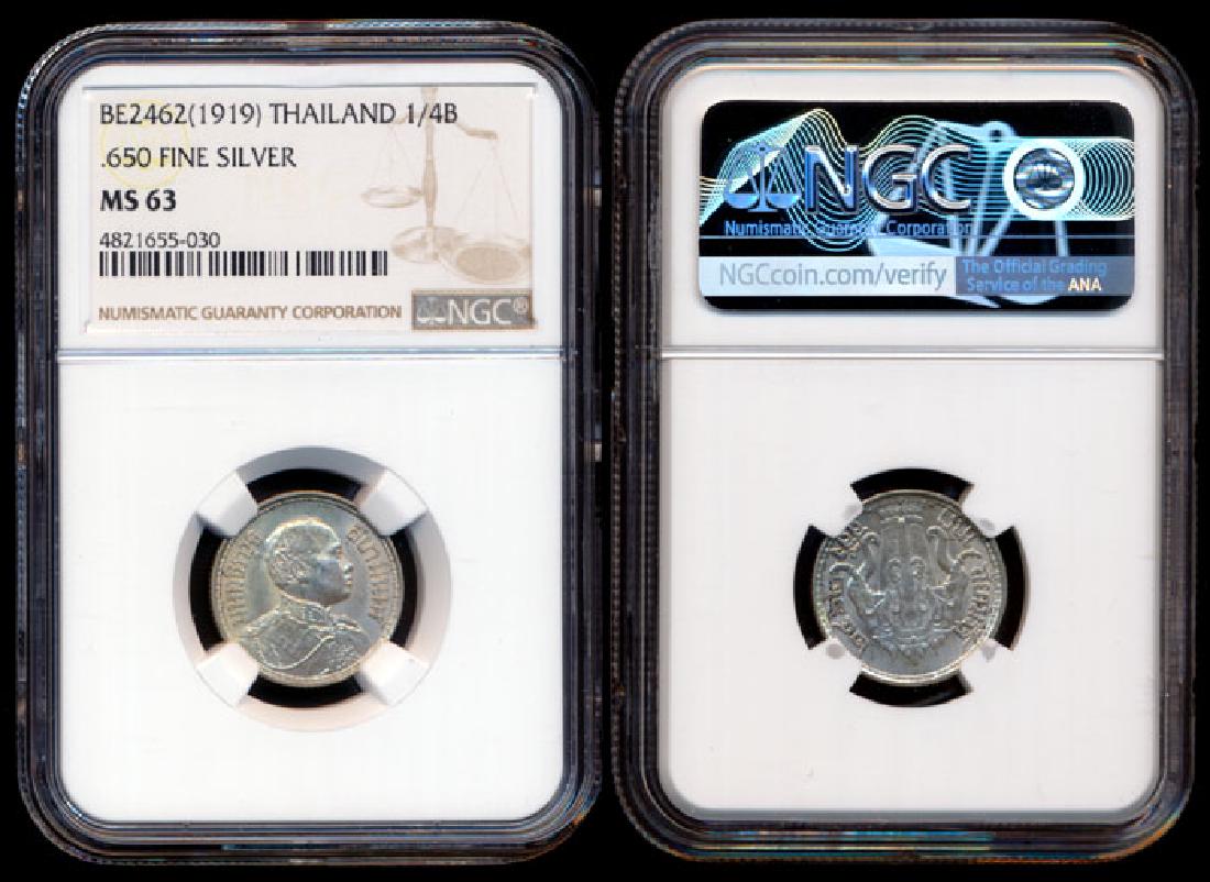 Thailand 1/4 Baht 1919 NGC MS63: Thailand Rama VI, Salung = 1/4 Baht, (Y.43a), BE2462(1919), .650 fine silver, NGC MS63.