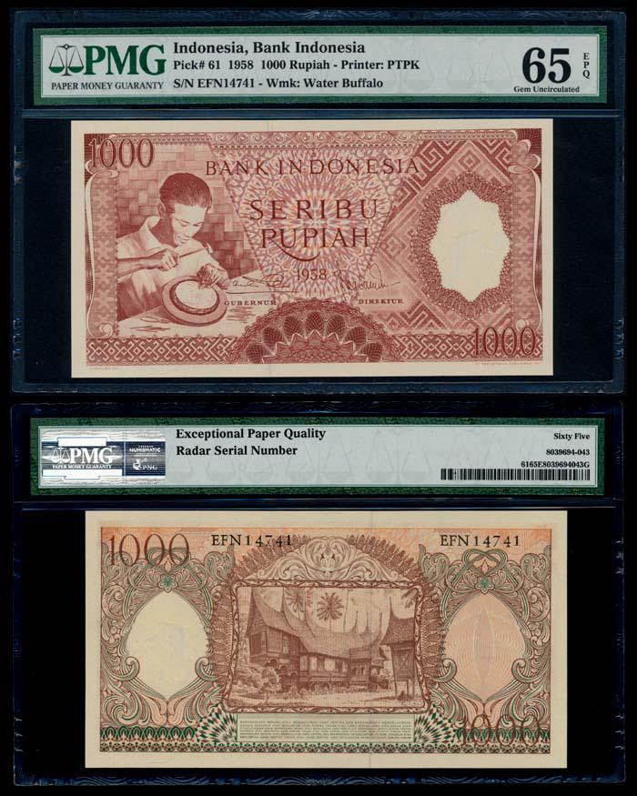 Indonesia 1000 Rupiah 1958 radar PMG: Indonesia Bank Indonesia, 1000 Rupiah, 1958, (P.61), serial no. EFN 14741, radar serial no., PMG Gem UNC65EPQ.