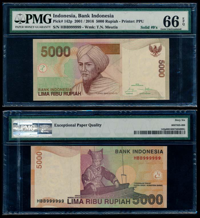 Indonesia 5000 Rupiah 2001/2016 HBB 999999: Indonesia Bank Indonesia, 5000 Rupiah, 2001/2016, (P.142p), serial no. HBB 999999, solid 9s, PMG Gem UNC66EPQ.