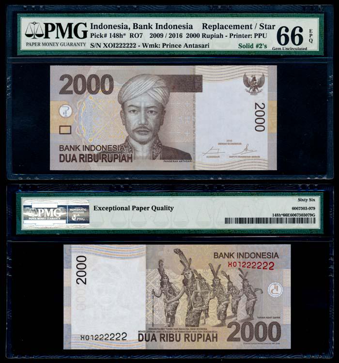 Indonesia 2000 Rupiah 2009/16 XOI 222222: Indonesia Bank Indonesia, 2000 Rupiah, 2009/2016, (P.148h), serial no. XOI 222222, solid 2s, replacement note, PMG Gem UNC66EPQ.