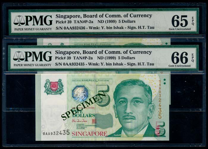 Singapore 2x$5 1999 1st prefix PMG: Singapore $5, (1999), President Ishak, BCCS, sign. Hu Tsu Tau, serial nos. 0AA 932435 to 436, consecutive pair of 1st prefix notes, graded PMG Gem UNC66EPQ and Gem UNC65EPQ respectively. (2)