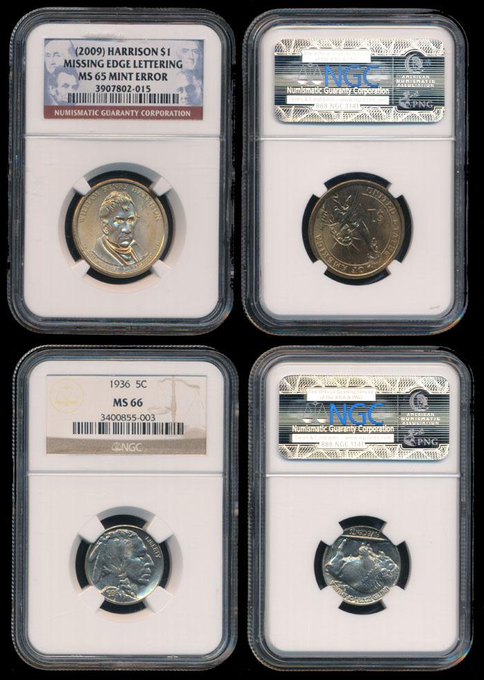 United States $1 2009 5c 1936: United States $1, William Henry Harrison, (2009), mint error, missing edge lettering, NGC MS65; 5 Cents, 1936, NGC MS66. (2)