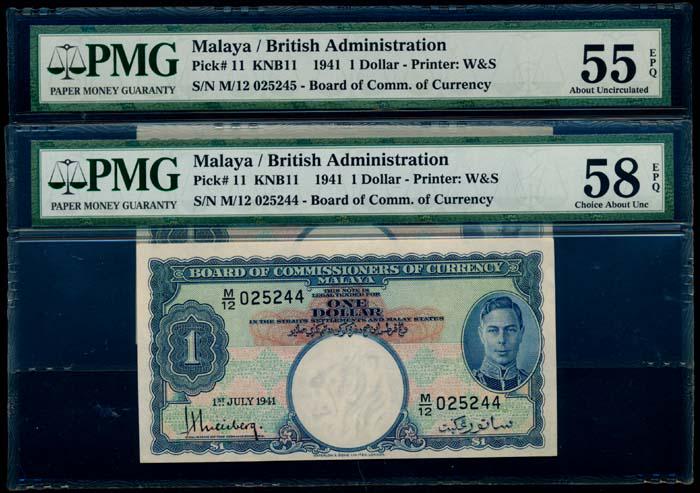 Malaya 2x$1 1941 KGVI PMG: Malaya 2x$1 1941 KGVI PMGMalaya $1, 1 July 1941, King George VI, (P.11; Tan M9), serial nos. M/12 025244 to 245, consecutive pair, graded PMG Choice AU58EPQ and AU55EPQ respectively. (2)