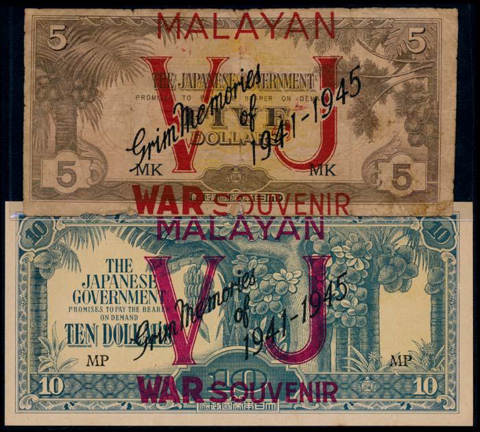 2 Malaya Jap Govt $5 $10 1941-45: Malaya Japanese Government, $5 (SB-2813), $10, 1941-45, block MK and MP respectively, "MALAYAN VJ WAR SOURENIR, Grim Memories of 1941-45" ovpt., the $10 with fake ovpt. AU, the $5 VG-VF. Sold as is, n
