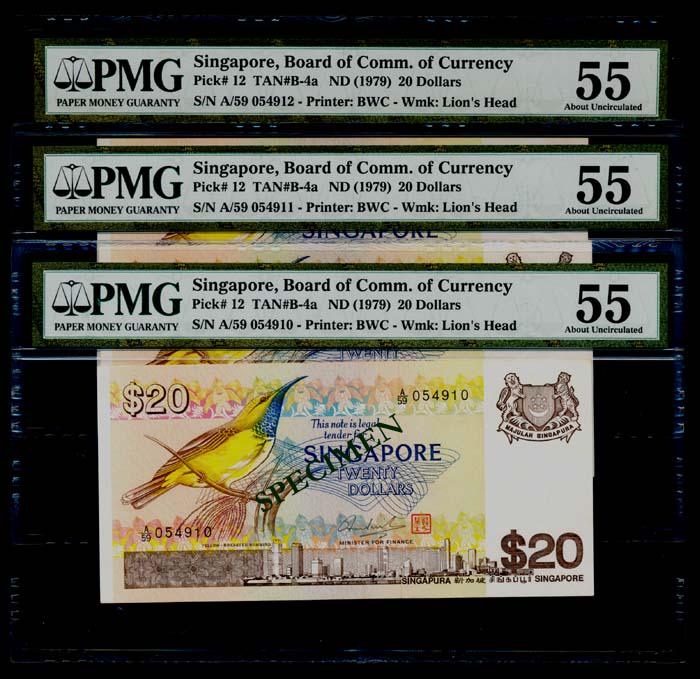 Singapore 3x$20 1979 bird PMG: Singapore 3x$20 1979 bird PMGSingapore $20, (1979), bird, serial nos. A/59 054910 to 912, 3 consecutive notes, all graded PMG AU55. (3) This Lot is subject to 7% Goods and Ser
